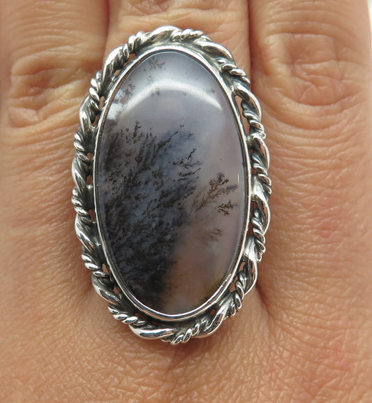 925 Sterling Silver Vintage Real Agate Gemstone Forest Statement Ring Size 7.25