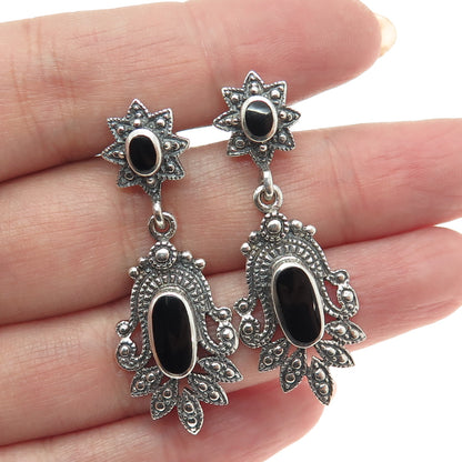 CHAPAL ZENRAY 925 Sterling Silver Vintage Black Onyx Oxidized Dangle Earrings