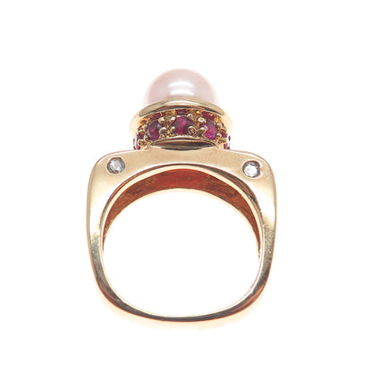ROSS SIMONS Sterling Gold Plated Faux Pearl Lab-Created Ruby C Z Ring Size 6.25