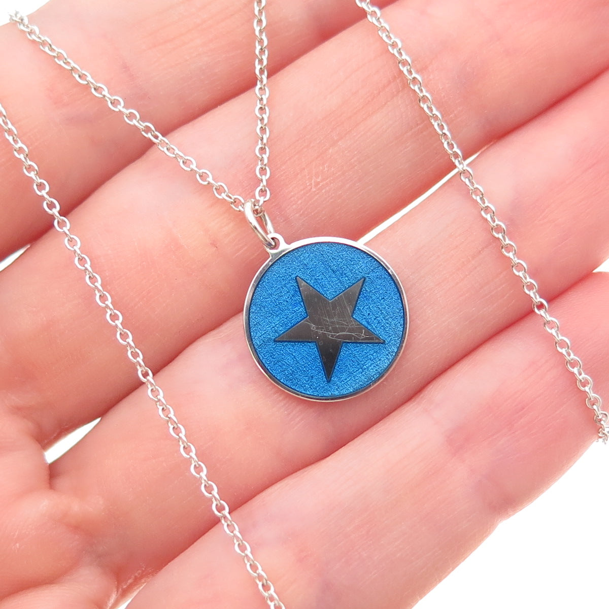925 Sterling Silver Blue Enamel Star Round Tag Cable Chain Necklace 18"