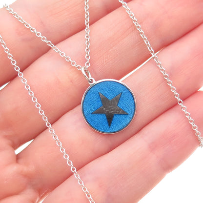 925 Sterling Silver Blue Enamel Star Round Tag Cable Chain Necklace 18"