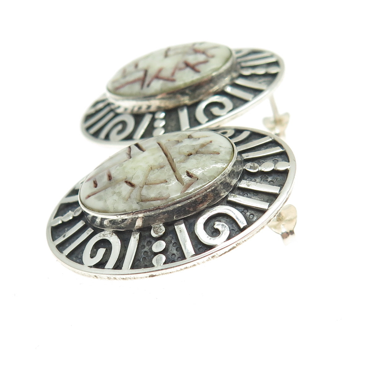 ZEALANDIA 925 Sterling Silver Vintage Real Carved Jasper Ethnic Symbols Earrings