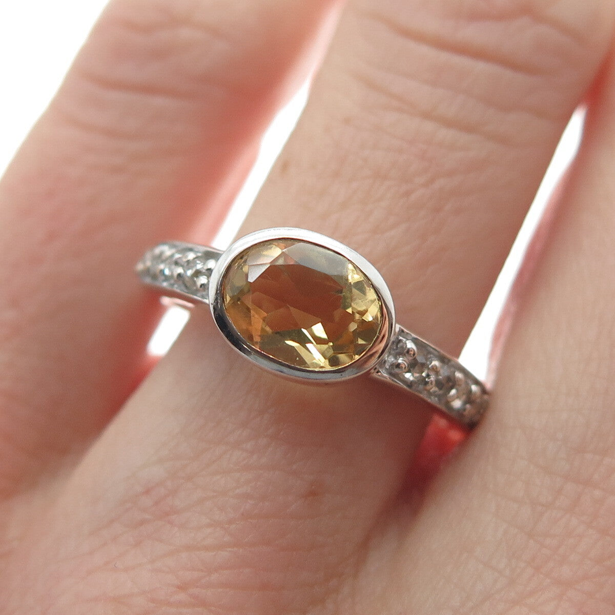 925 Sterling Silver Real Round-Cut Diamond & Oval-Cut Citrine Ring Size 7.75