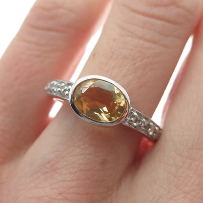 925 Sterling Silver Real Round-Cut Diamond & Oval-Cut Citrine Ring Size 7.75
