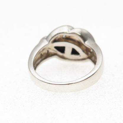 925 Sterling Silver Real Black Onyx & C Z Floral Ring Size 8