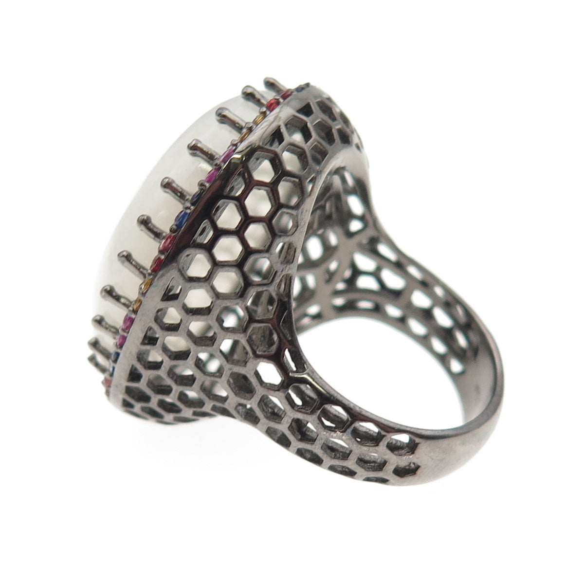 DSMK Sterling Black Rhodium Real Moonstone & Multi-Color Sapphire Ring Size 7.25
