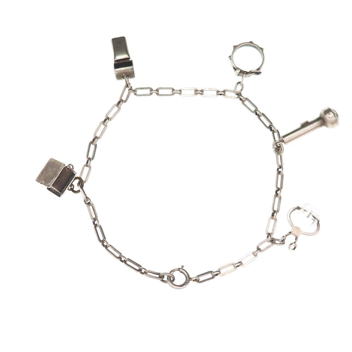 925 Sterling Silver Antique Art Deco Rhinestone Multi-Charm Bracelet 7.5"