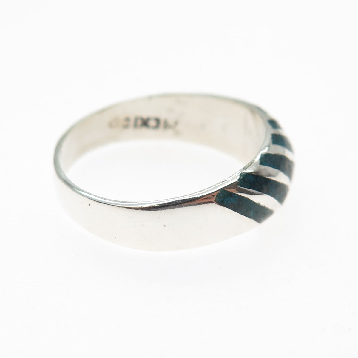 925 Sterling Silver Vintage Mexico Real Turquoise Inlay Ribbed Ring Size 7