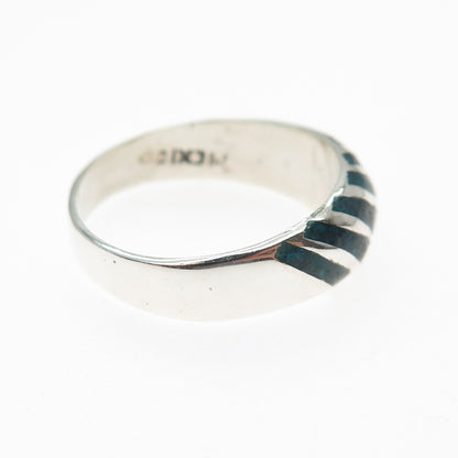 925 Sterling Silver Vintage Mexico Real Turquoise Inlay Ribbed Ring Size 7