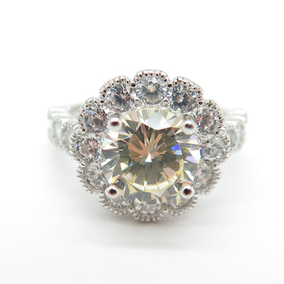 925 Sterling Silver Round-Cut Canary & White C Z Floral Ring Size 5.25