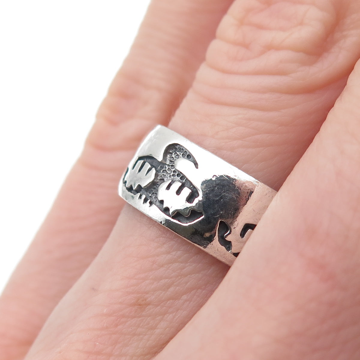 Peter Stone 925 Sterling Silver Vintage Tribal Bird Oxidized Band Ring Size 6.5