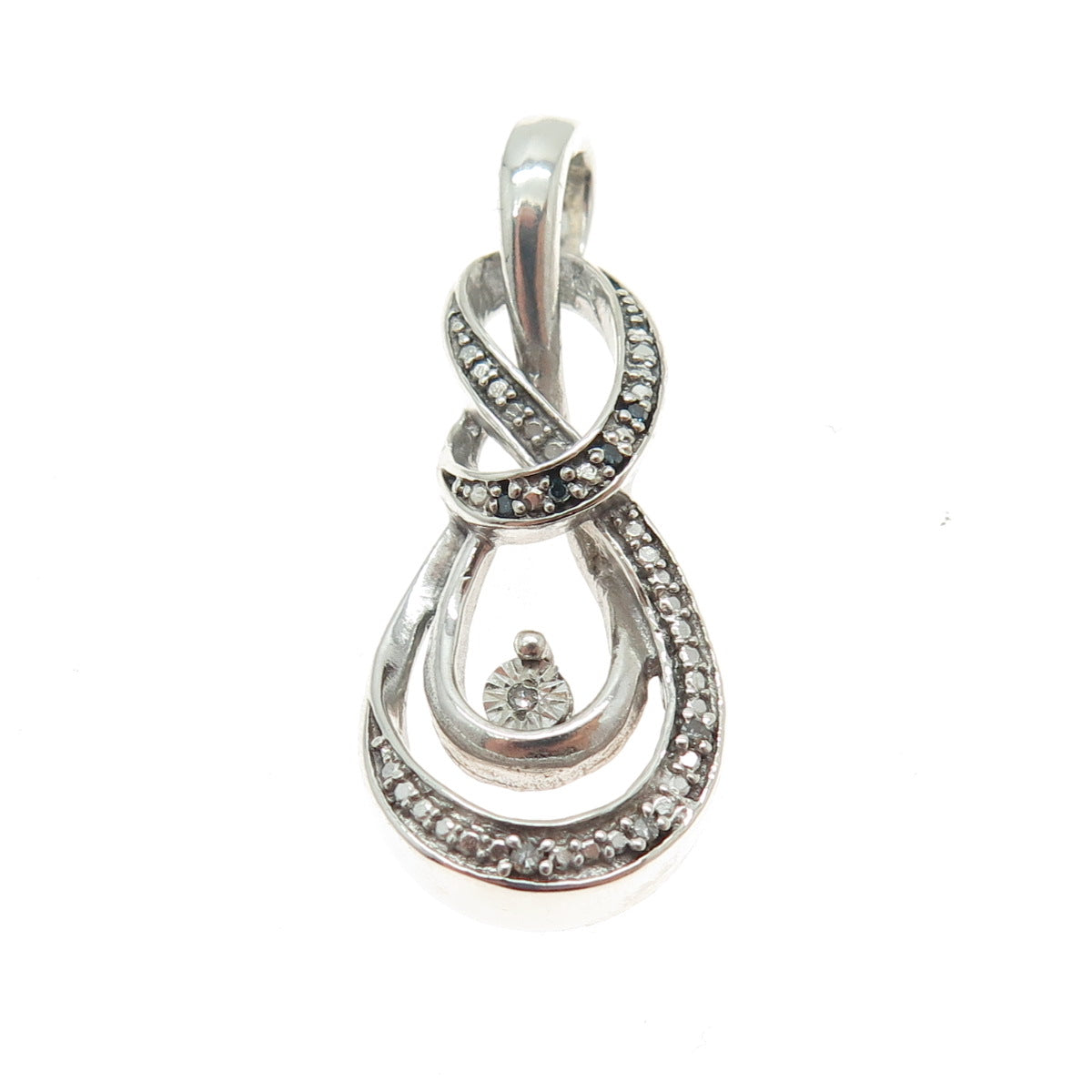 925 Sterling Silver Real Round-Cut Blue & White Diamond Twisted Knot Pendant