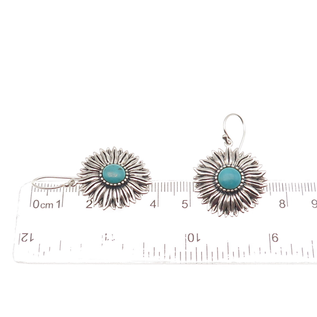 925 Sterling Silver Vintage Real Turquoise Sunflower Dangle Earrings