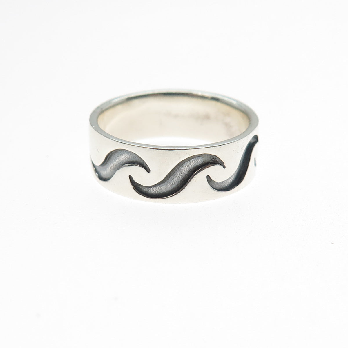 925 Sterling Silver Vintage Modernist Wavy Oxidized Band Ring Size 7.75