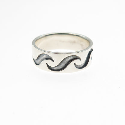 925 Sterling Silver Vintage Modernist Wavy Oxidized Band Ring Size 7.75