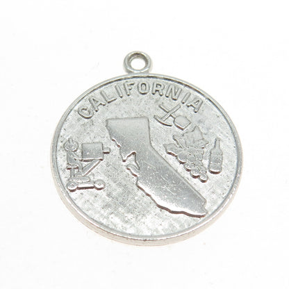 WELLS 925 Sterling Silver Vintage California State Map Round Charm Pendant