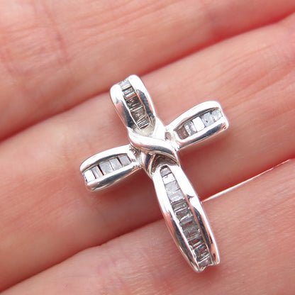 925 Sterling Silver Real Emerald-Cut Diamond Cross Slide Charm Pendant