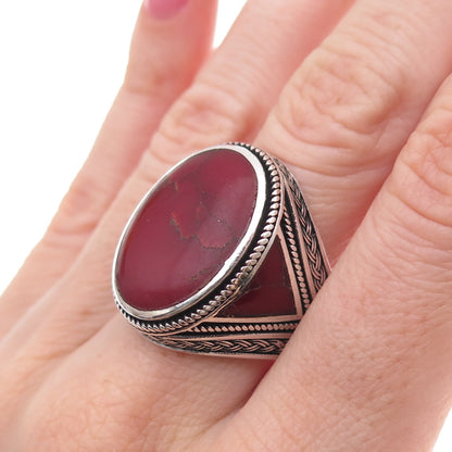 925 Sterling Silver Vintage Real Red Jasper Oxidized Ring Size 10