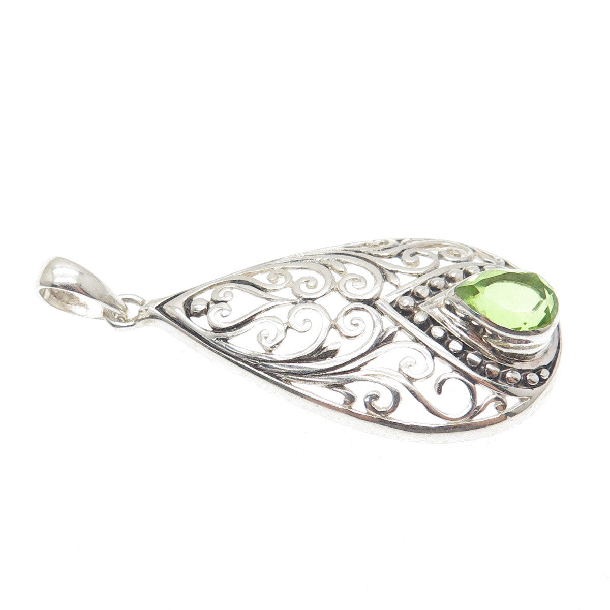 925 Sterling Silver Vintage GDS Real Pear-Cut Peridot Teardrop Ornate Pendant
