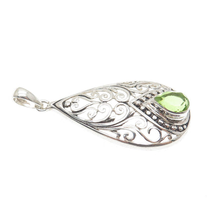 925 Sterling Silver Vintage GDS Real Pear-Cut Peridot Teardrop Ornate Pendant