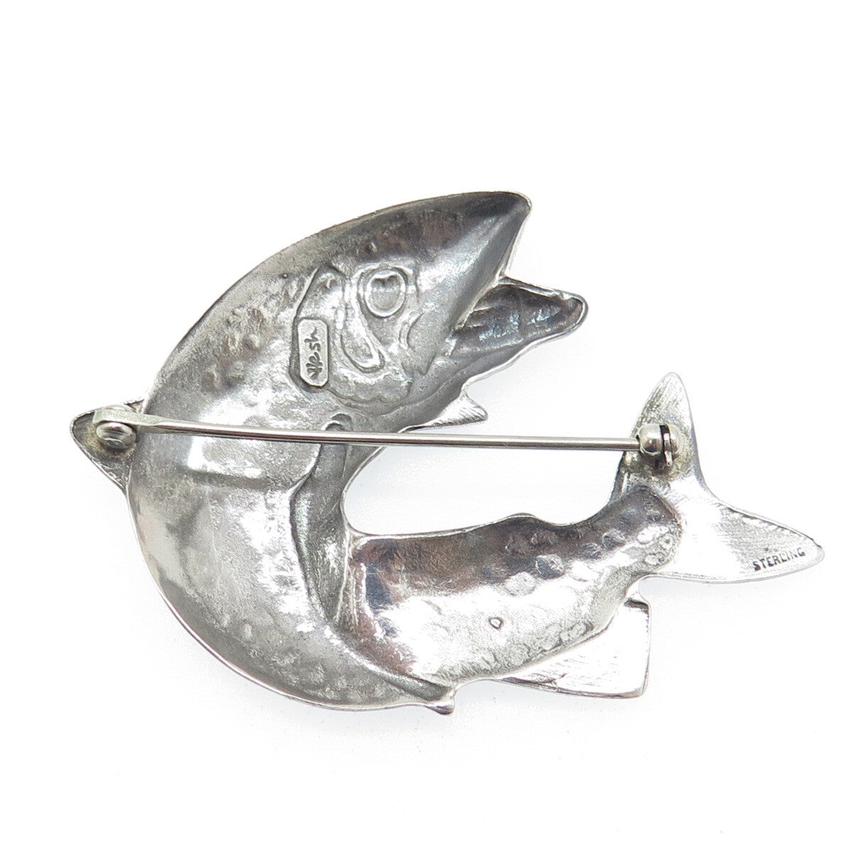LINDA HESH 925 Sterling Silver Vintage Fish Modernist Pin Brooch