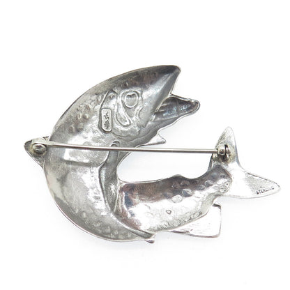 LINDA HESH 925 Sterling Silver Vintage Fish Modernist Pin Brooch