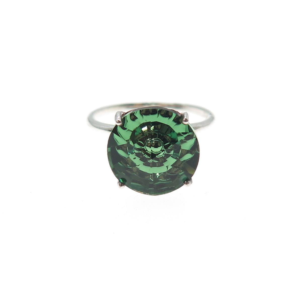 D'Joy 925 Sterling Silver Round-Cut Green Crystal Ring Size 6