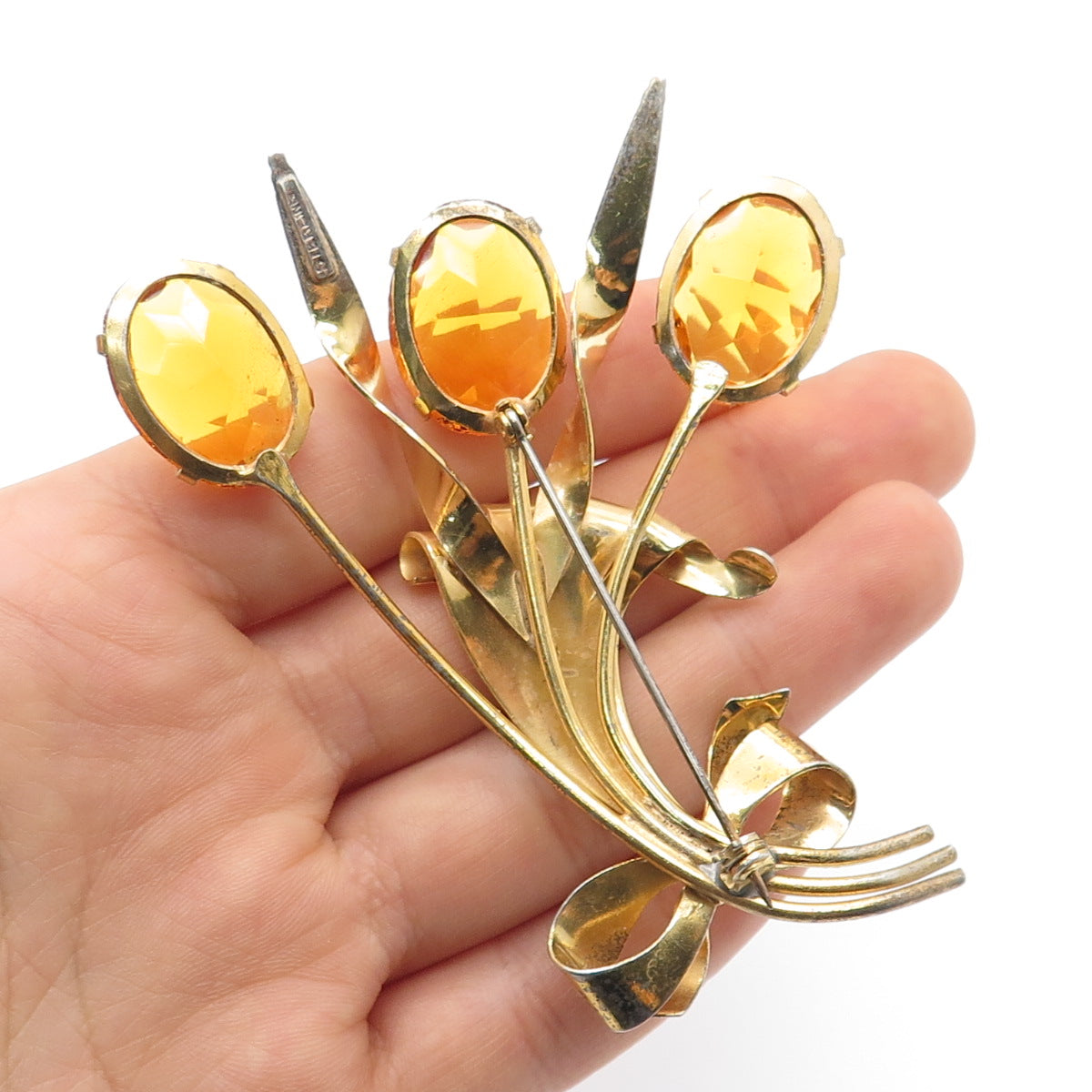 925 Sterling Silver Gold Plated Antique Real Citrine Flower Bouquet Pin Brooch