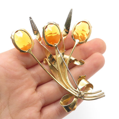 925 Sterling Silver Gold Plated Antique Real Citrine Flower Bouquet Pin Brooch