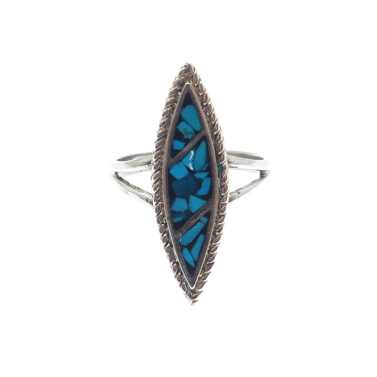 925 Sterling Silver Vintage Southwestern Turquoise Inlay Oxidized Ring Size 6