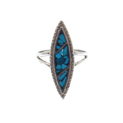 925 Sterling Silver Vintage Southwestern Turquoise Inlay Oxidized Ring Size 6