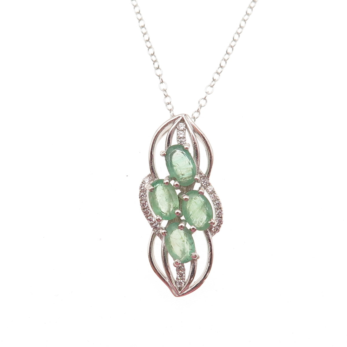 925 Sterling Silver Real Oval-Cut Emerald & C Z Cable Chain Necklace 18"