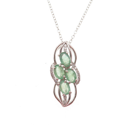 925 Sterling Silver Real Oval-Cut Emerald & C Z Cable Chain Necklace 18"