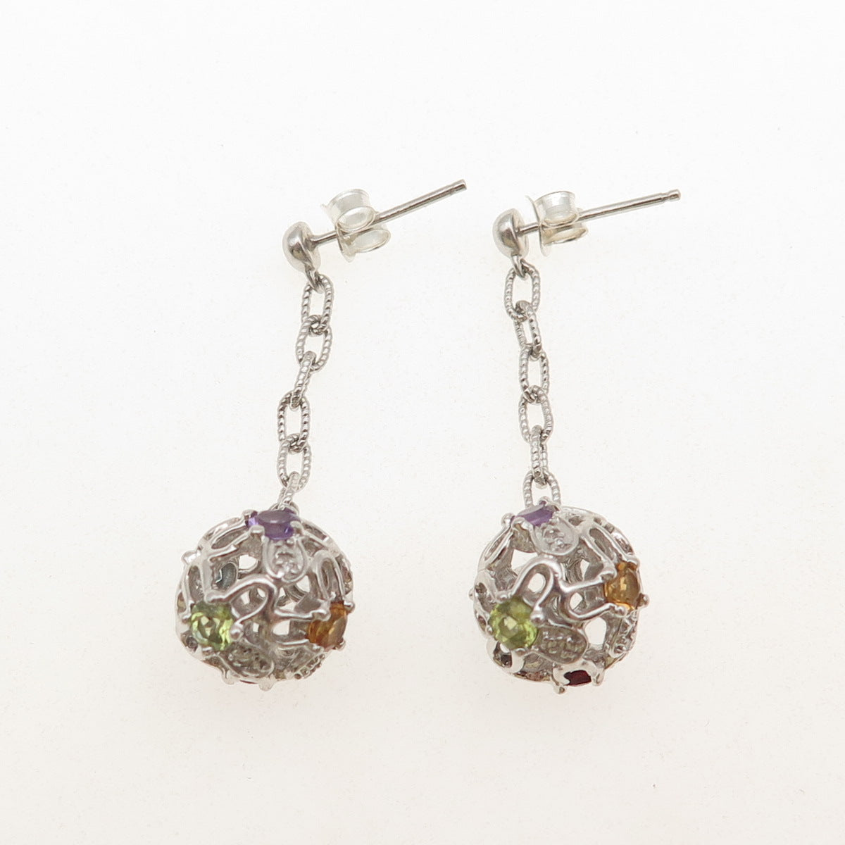 925 Sterling Real Amethyst Topaz Peridot Citrine & Garnet Ball Dangle Earrings