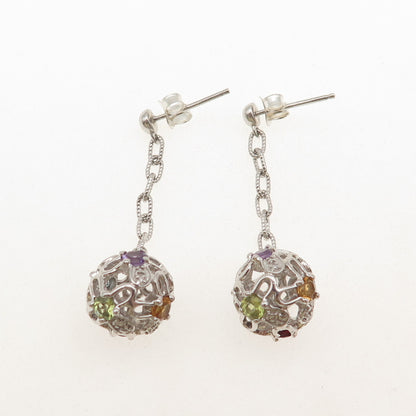 925 Sterling Real Amethyst Topaz Peridot Citrine & Garnet Ball Dangle Earrings