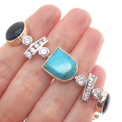 ROSS SIMONS 925 Sterling Silver 2-Tone Real Turquoise Onyx & C Z Bracelet 8"