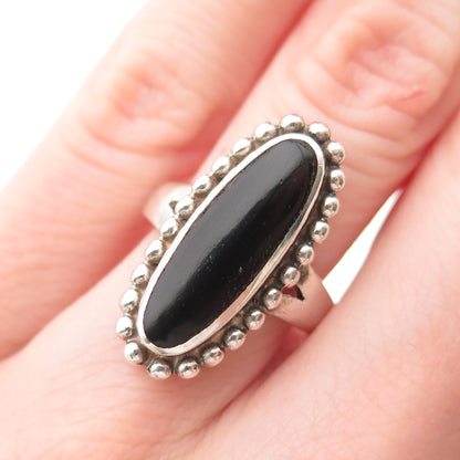 925 Sterling Silver Vintage Real Black Onyx Oxidized Beaded Ring Size 6.75