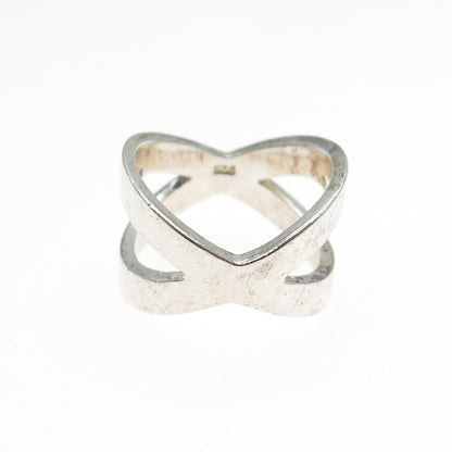 925 Sterling Silver Vintage Modernist Crisscross Oxidized Ring Size 7.25