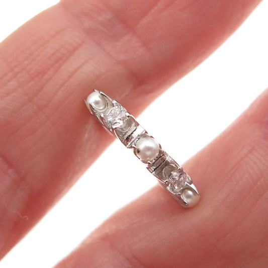 925 Sterling Silver Real Pearl & Round-Cut C Z SINGLE Cuff Earring