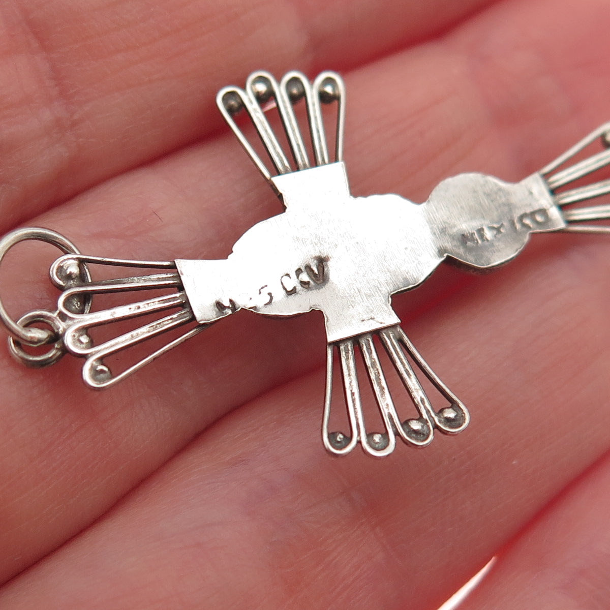 925 Sterling Silver Vintage Mexico Cross Beaded Oxidized Charm Pendant