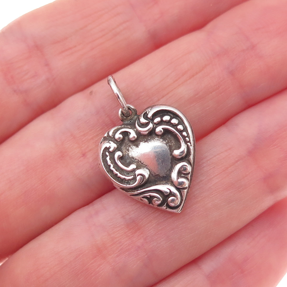 925 Sterling Silver Antique Art Deco Engraved Chatelaine Heart Charm Pendant