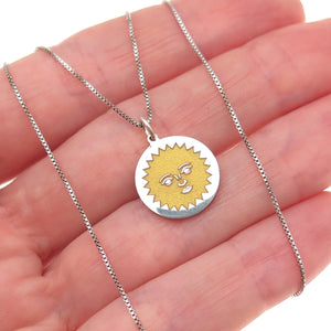 925 Sterling Silver Enamel Sun Face Box Chain Necklace 18"
