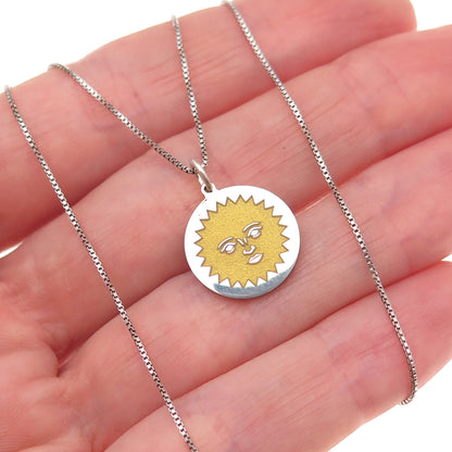 925 Sterling Silver Enamel Sun Face Box Chain Necklace 18"