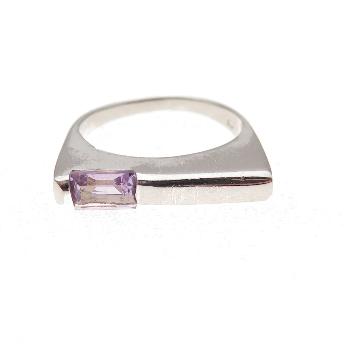925 Sterling Silver Vintage Real Emerald-Cut Amethyst Modernist Ring Size 6.75