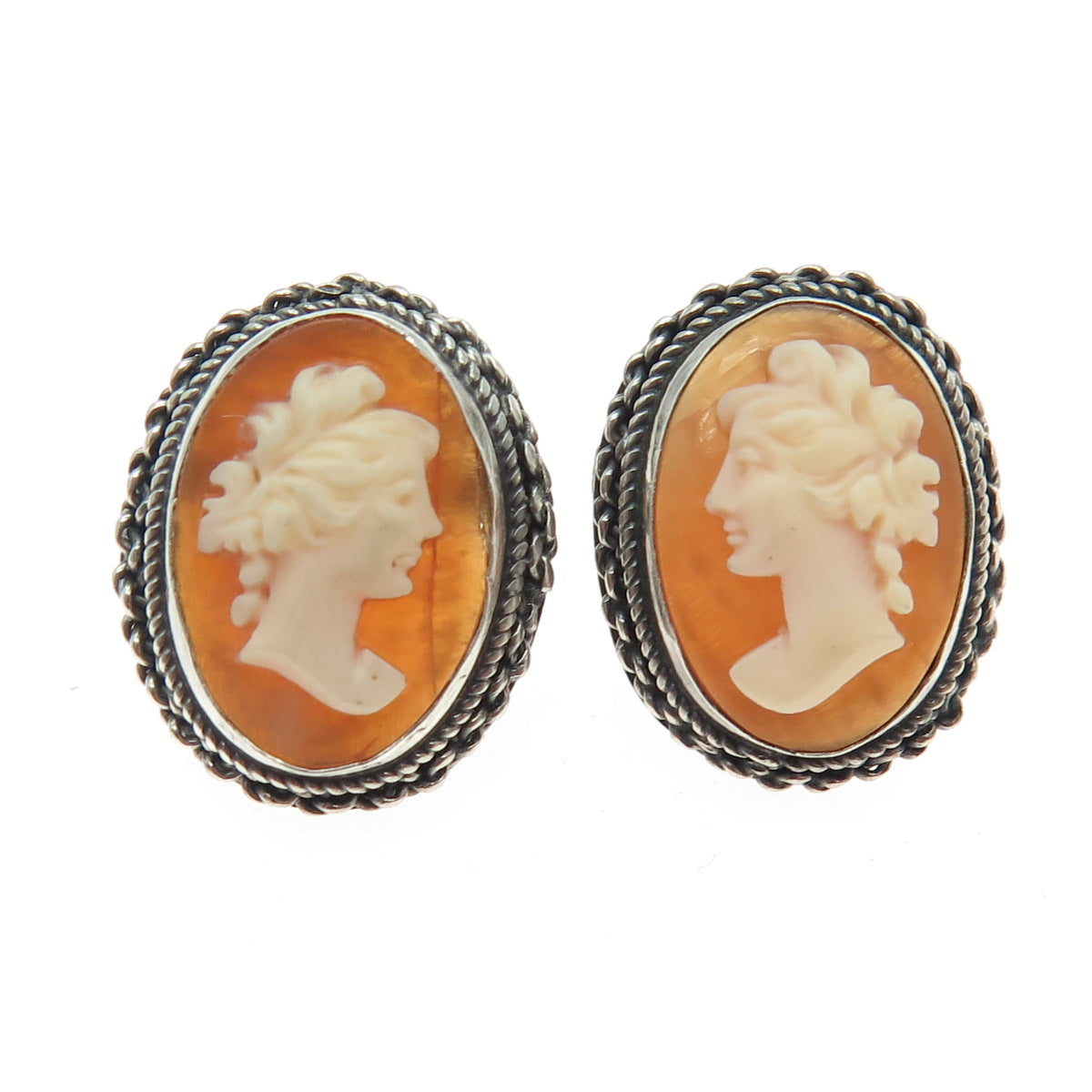 800 Silver Antique Cameo Victorian Lady Oxidized Earrings