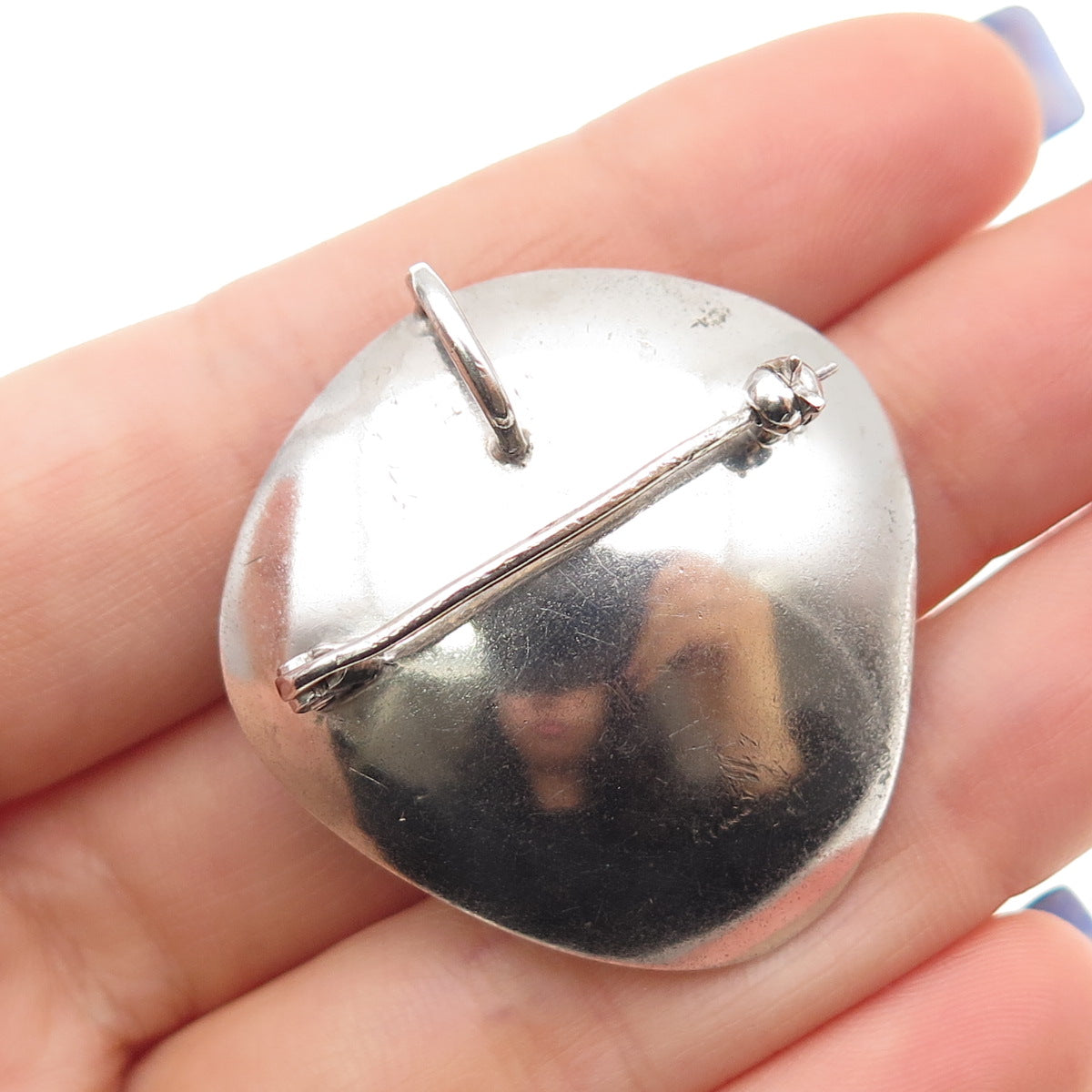 925 Sterling Silver Vintage Real Blue Onyx Modernist Oxidized Pin Brooch Pendant