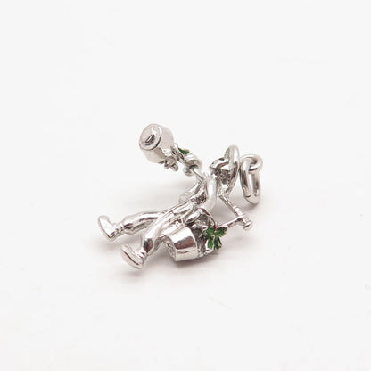 925 Sterling Silver Vintage Old Stock Enamel Man Carrying Flower Buckets Pendant