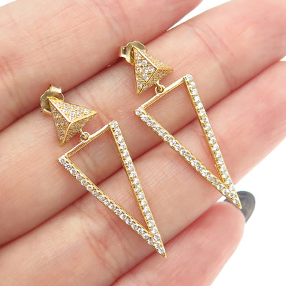 925 Sterling Silver Gold Plated Pave C Z Geometric Dangling Earrings