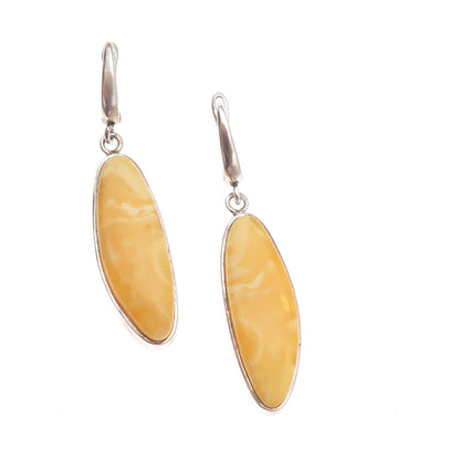 925 Sterling Silver Vintage Real Butterscotch Amber Modernist Dangle Earrings