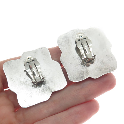 925 Sterling Silver Vintage Mexico Modernist Square Knot Clip On Earrings